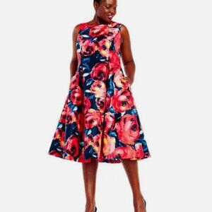 Adrianna Papell Floral Midi Dress - Red and Blue